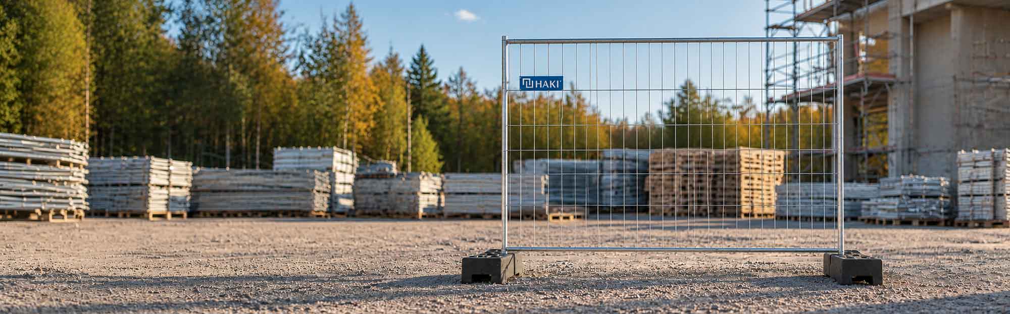 HAKI byggstaket med betongfot på en byggarbetsplats med ställningsmaterial och byggställning i bakgrunden, höstkampanj oktober 2026
