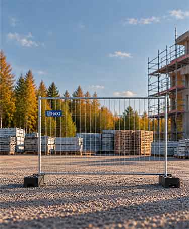 HAKI byggstaket med betongfot på en byggarbetsplats med ställningsmaterial i bakgrunden, mobilbanner höstkampanj oktober 2026
