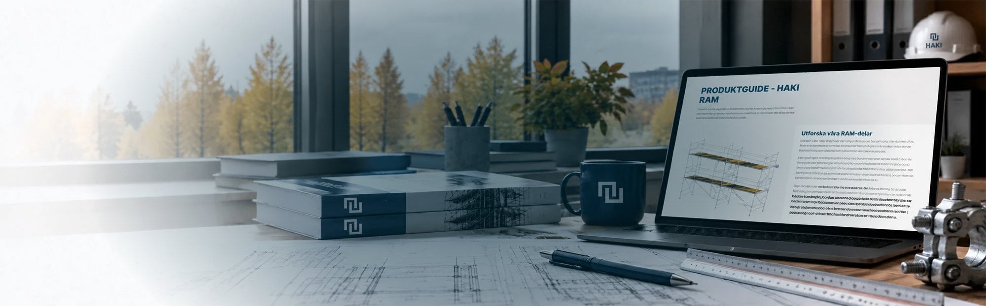 Skrivbord med HAKI-produktguider, mugg och laptop med RAM-guide. Version av Startbanner-guider-inspiration-SE med mörkblå skuggning bakom texten för bättre läsbarhet. Används i startsidans slider för Guider och inspiration på haki.se och haki.dk.